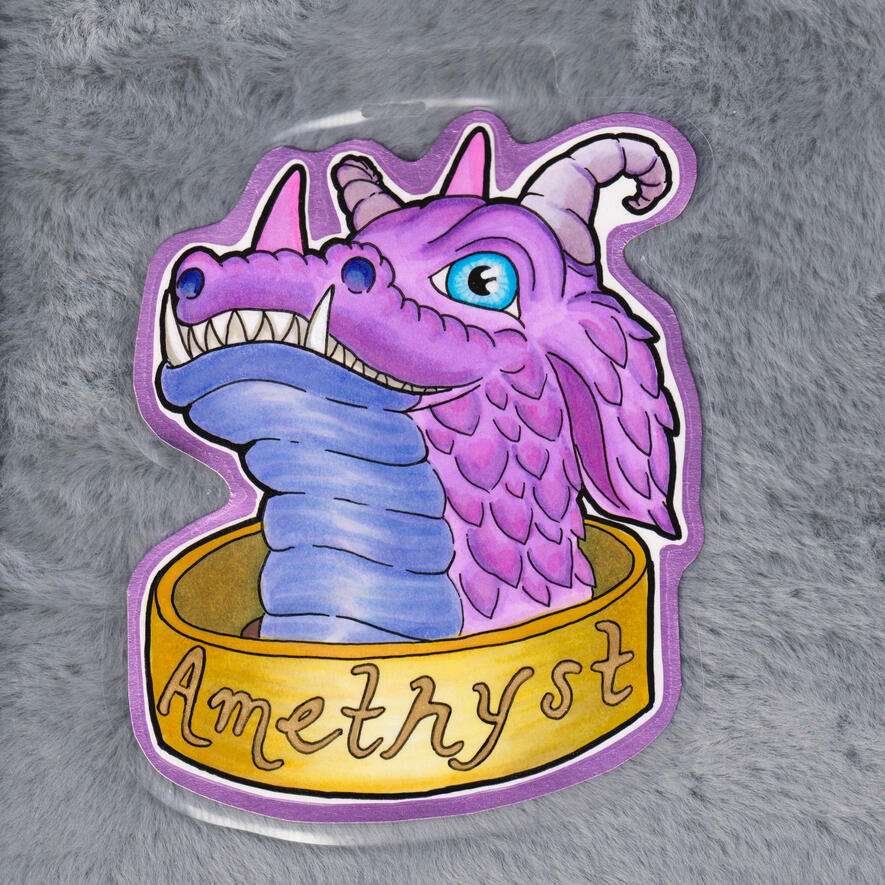Example of alcohol marker/black ink badge. I also used white ink and gold ink in this one. Mounted on metallic cardstock, laminated (5 mil) and punched for badge use.