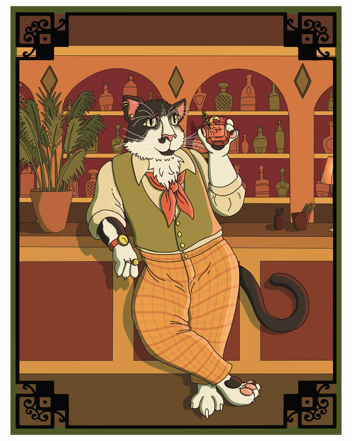 Commissioned pet anthro portrait, 2026. Digital file and printed 8x10 on cardstock.